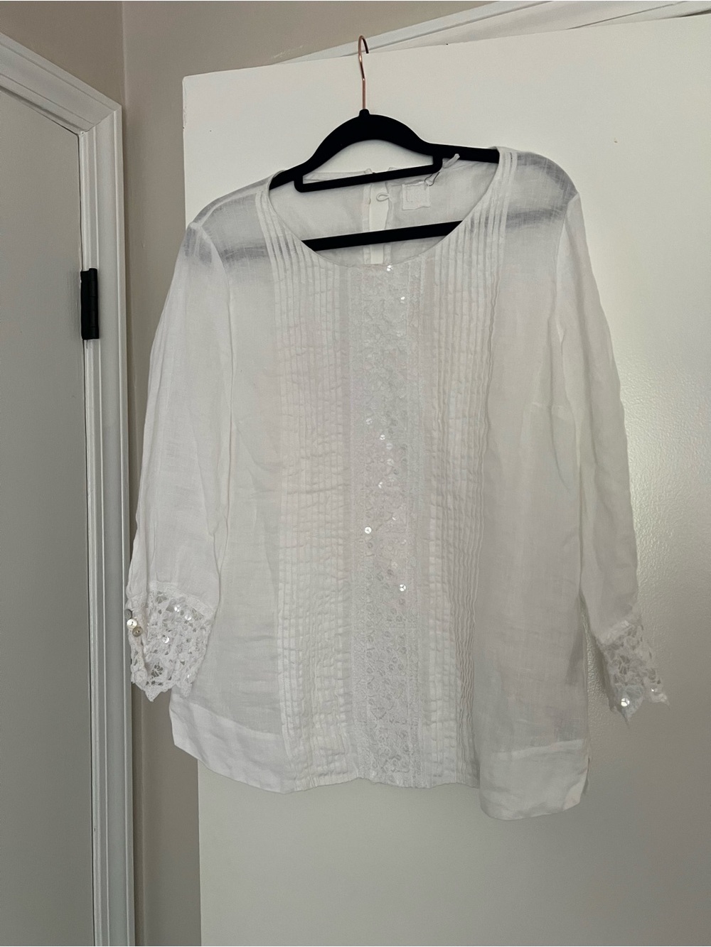 120%LINO Lace & Sequin Trim Linen Blouse